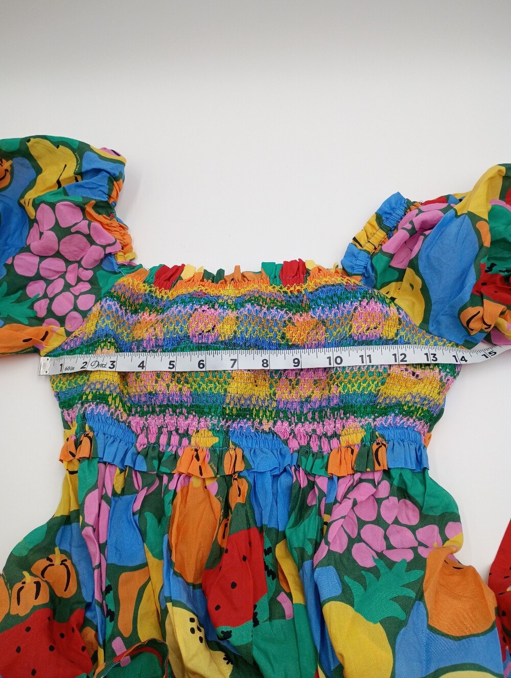 FARM Rio Multicolor Fruit Landscape Smocked Puff Sleeve Midi Dress Size Medium - Picture 11 of 14